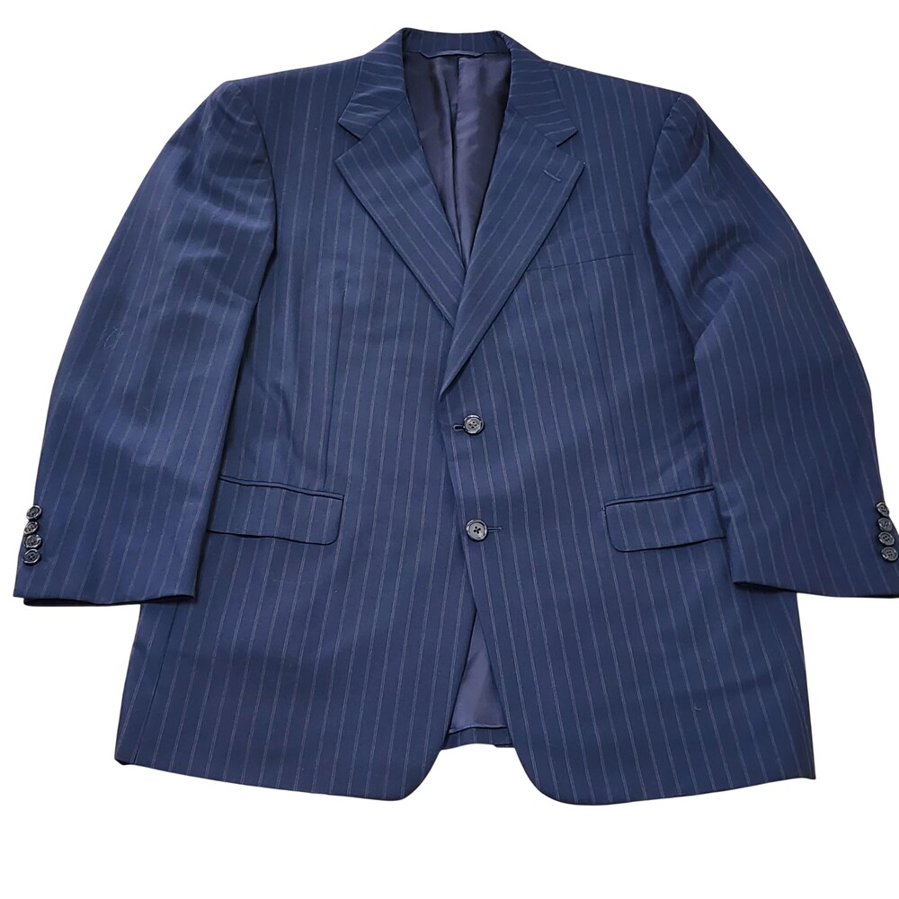 Vintage Boardroom Suit Jacket Mens 42 Blue Wool Pinstripe Two Button Made In USA